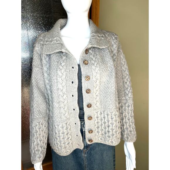 Cladyknit Irish Merino New Wool Cable Knit Cardigan Fisherman Sweater Collar Med - Picture 2 of 13